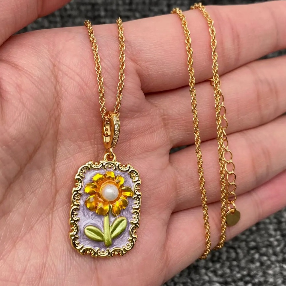 Gold Sunflower inlaid Pearl Art Pendant Necklace in Purple and Green. New. - Picture 4 of 15